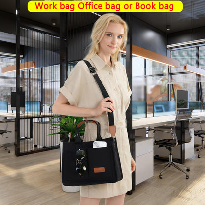 ZHMO Canvas Tote Bag for Women With Compartments and Pocket,Black Women's Bags Crossbody Bags Work Laptop Tote Bag Large Satchels Handbag Tote Purse Everyday Shoulder Bag for Travel Nurse Teacher Gift