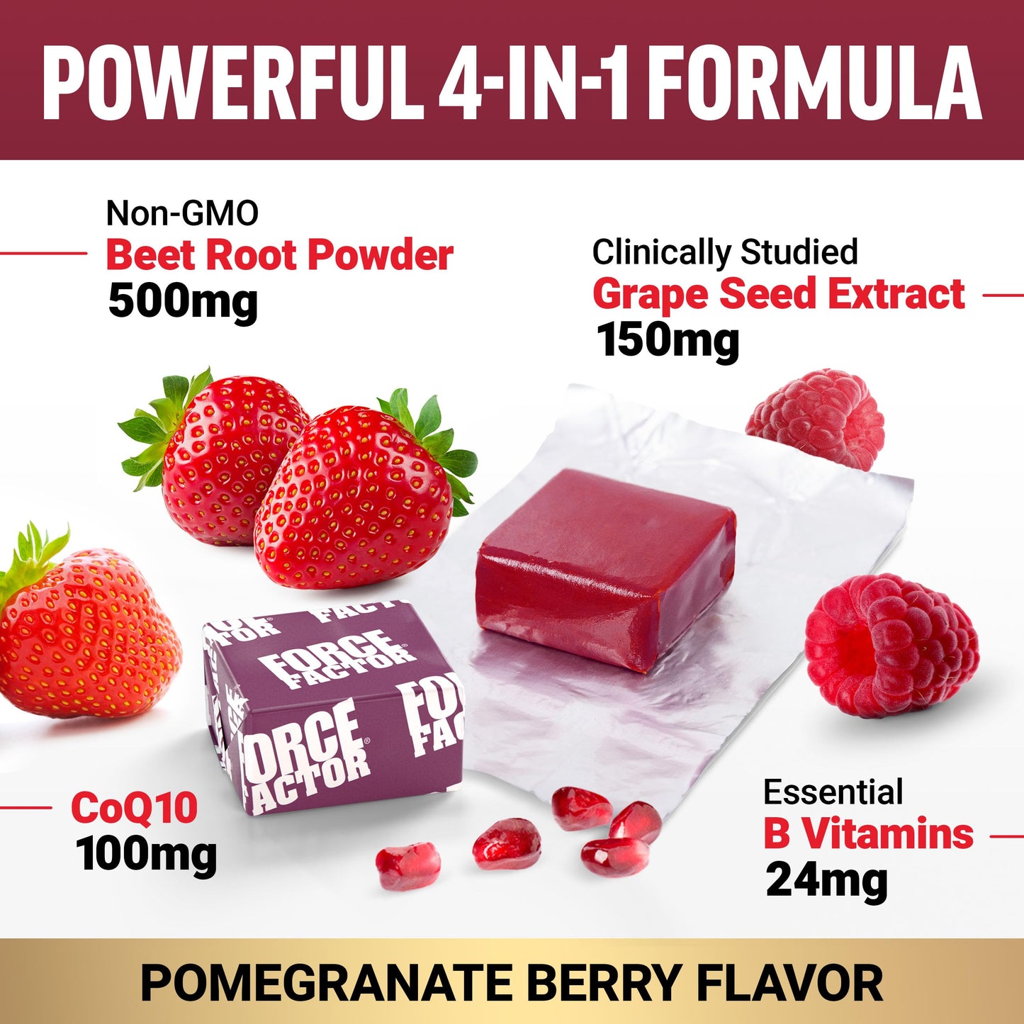 FORCE FACTOR Total Beets Ultimate Heart Health Chews for Blood Pressure Support, with Beetroot Powder, CoQ10, B Vitamins & Grapeseed Extract for Blood Flow & Energy, Pomegranate Berry, 60 Soft Chews