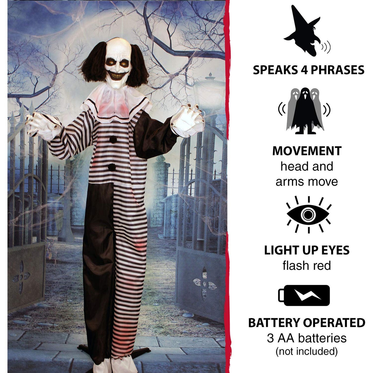 Haunted Hill Farm Scary Animatronic Talking Clown with Touch Activated Lights and Sounds, Indoor or Covered Outdoor Halloween Decorations for Home or Haunted House, Battery Operated Halloween Props