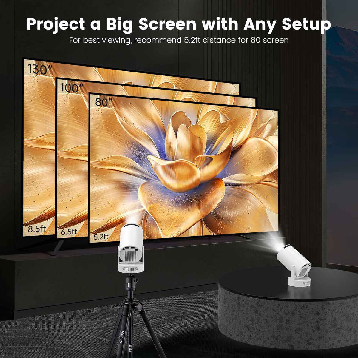 Mini Portable Projector with 4K Support, Bluetooth 5.4 WIFI6, 5watt Sound Base Speaker, 160 ANSI, Android 11, 210° Rotation , Auto Keystone Correction Video Projector HY300 Pro+
