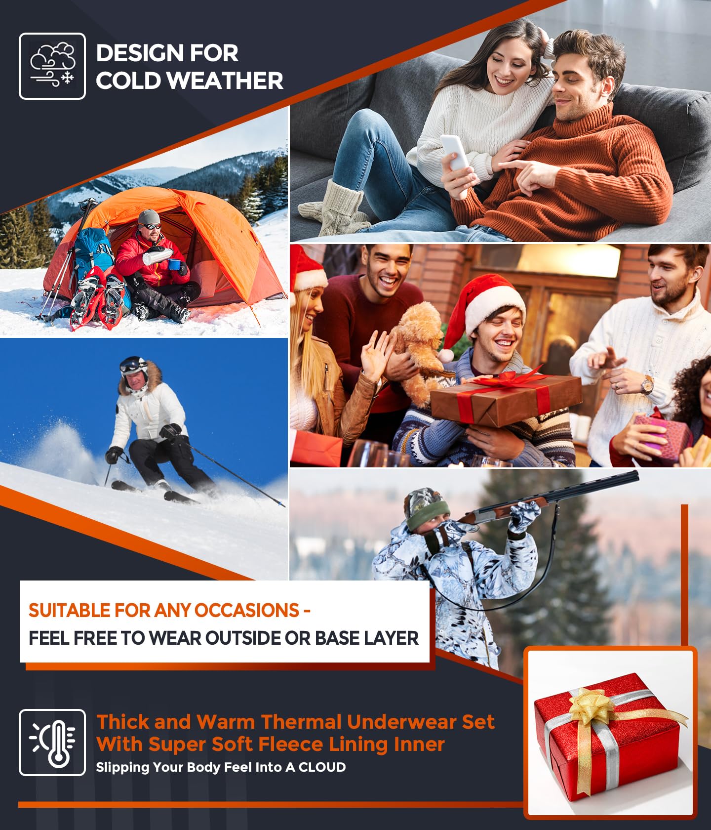 CL convallaria Thermal Underwear for Men, Long Johns Winter Hunting Gear Sport Base Layer Top and Bottom Set Midweight Black L