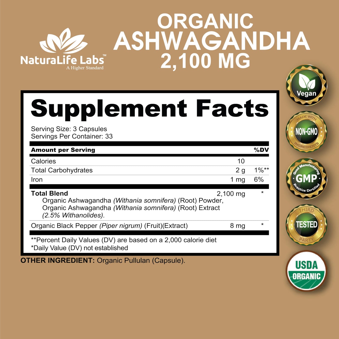 Organic Ashwagandha 2,100 mg - 100 Veggie Capsules Pure Organic Ashwagandha Powder and Root Extract - Stress Relief, Mood Enhancer