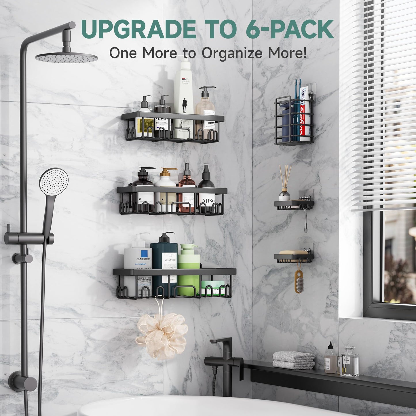 Veken Stainless Steel Shower Caddy 6-Pack, No Drilling & Rustproof, Waterproof Adhesive Shelves Rack with Soap Holder, Large Capacity Bathroom Organizers and Storage, Wall-Mounted Kitchen & Home Decor