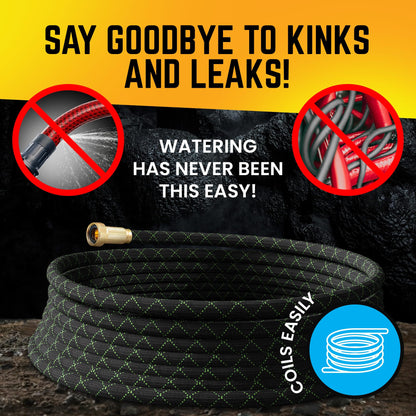 PowerFlow Garden Hose, NON-EXPANDABLE 25 Feet Premium Quality Stainless Steel Metal Water Hose with Durable Fabric Skin, Hose For Commercial, Residential Use, Bonus 10-way Spray Nozzle (25 Ft, Black)