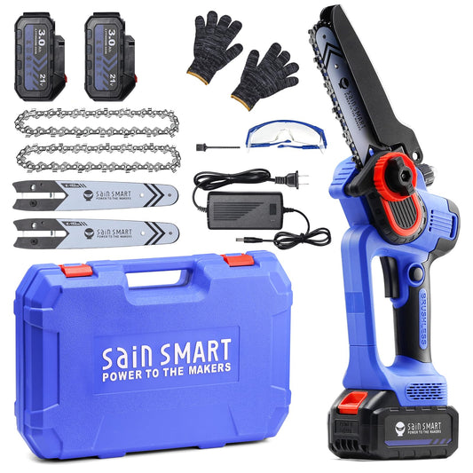 SainSmart Mini Chainsaw 6 Inch Cordless Portable Electric Chainsaw, Handheld Powered Super Saw with 2PCS 3000mAh Batteries, Goggles & Gloves, for Tree Trimming Branch Pruning Woodcutting