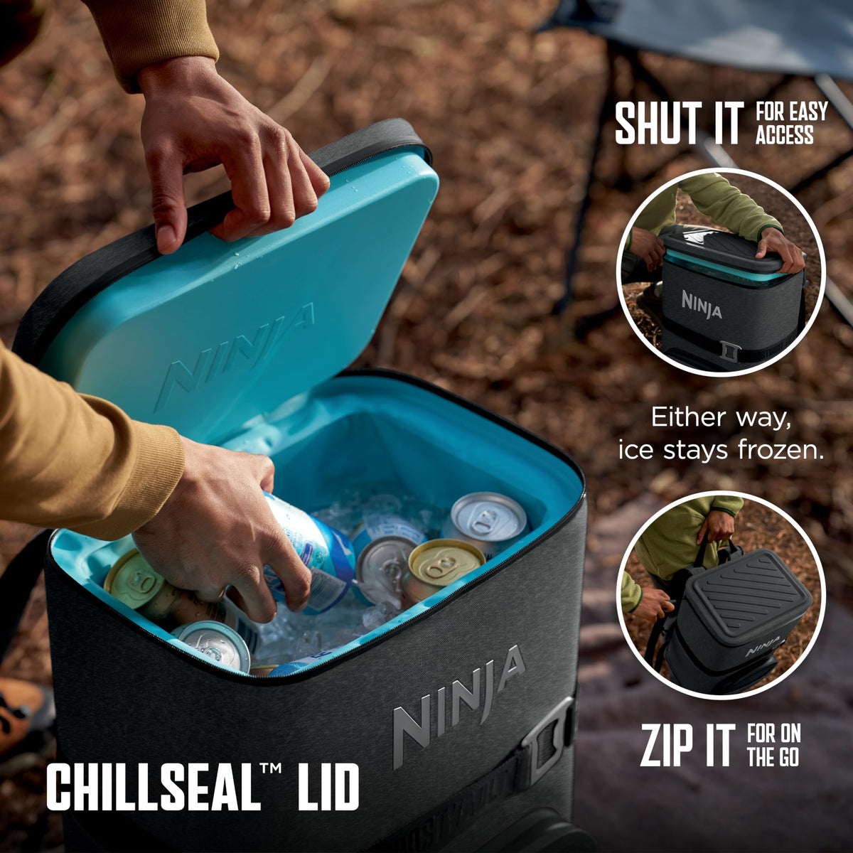 Ninja | Backpack Cooler | FrostVault Go 24 Can Soft Cooler | Leakproof Zipper with Built in Can Opener, 2 Ice Packs & Dry Storage Drawer | for Hiking, Camping & More | Charcoal Gray | FF124CG