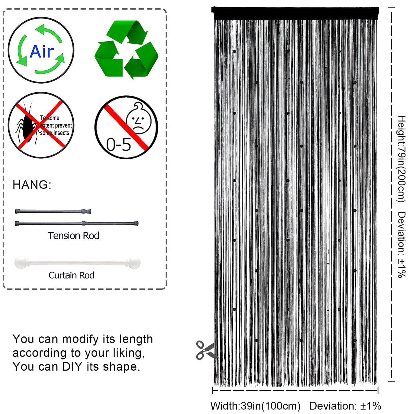 YIIBAII Beaded Curtain Beaded Curtains for Doorways Crystals Suitable for Interior Hanging Decoration and Partitions Closet Curtains (39"x79", Black)