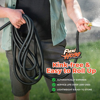 Flexi Hose Lightweight Expandable Garden Hose, 75FT -Retractable Garden Hose, Water Hose - No-Kink Flexibility, 3/4 Inch Solid Brass Fittings and Double Latex Core
