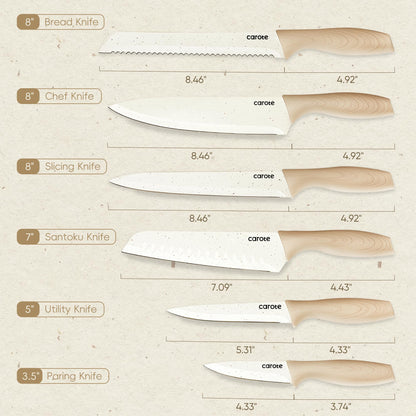 CAROTE 12PCS Knife set with Blade Guards,Granite Nonstick Ceramic Coating,Stainless Steel blade, Wooden Handle, Essential knife set,White