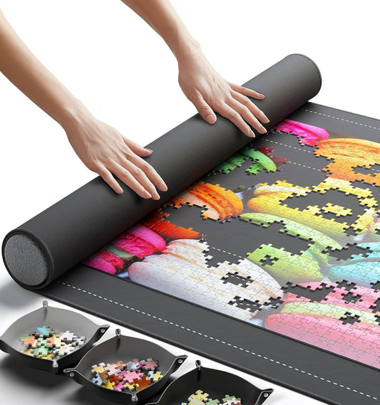 The Original Newverest Jigsaw Puzzle Mat Roll Up, Saver Pad 46” x 26” Portable Keeper Up to 1500 Pieces with Non-Slip Rubber Bottom & Smooth Top + 3 Puzzle Sorting Trays & Travel-Friendly Storage Bag