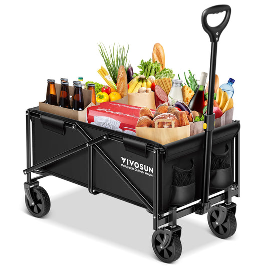 VIVOSUN Collapsible Folding Wagon, Outdoor Utility with All-Terrain Wheels, Adjustable Handle, Cup Holders & Side Pockets, for Camping, Shopping, Garden, 210Lbs Capacity, Black