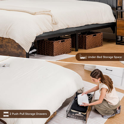 COMHOMA Queen Size Platform Bed Frame with LED Lights and Charging Station, Storage Headboard and Footboard Drawers, No Box Spring Needed, Rustic Wood Look