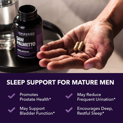 Saw Palmetto PM for Men with Melatonin 3mg - Night Time Prostate Health Supplement for Bladder and Sleep Support - Reduce Urinary Frequency - 100 Count - Vegan, Non-GMO Capsules - Over 3 Month Supply