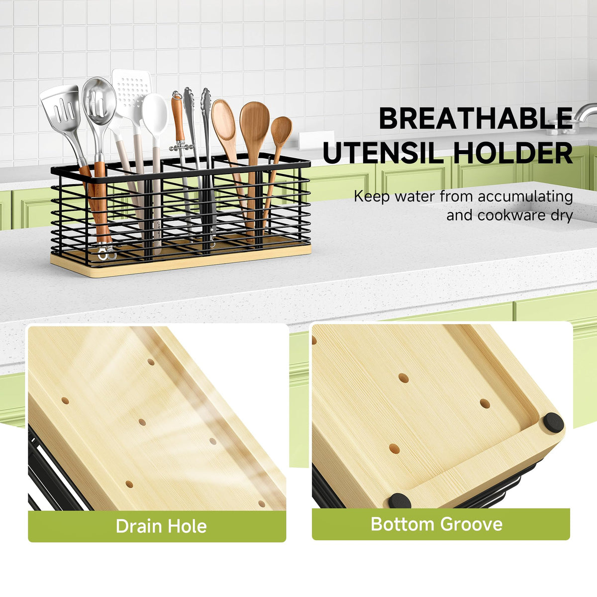 FIGWINET Extra Large Kitchen Utensil Holder, Metal Utensil Organizer with 4 Compartments, Black Cooking Utensil Holder for Kitchen Counter with Wooden Base