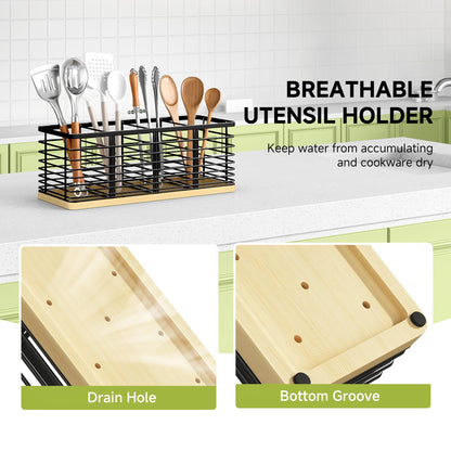 FIGWINET Extra Large Kitchen Utensil Holder, Metal Utensil Organizer with 4 Compartments, Black Cooking Utensil Holder for Kitchen Counter with Wooden Base