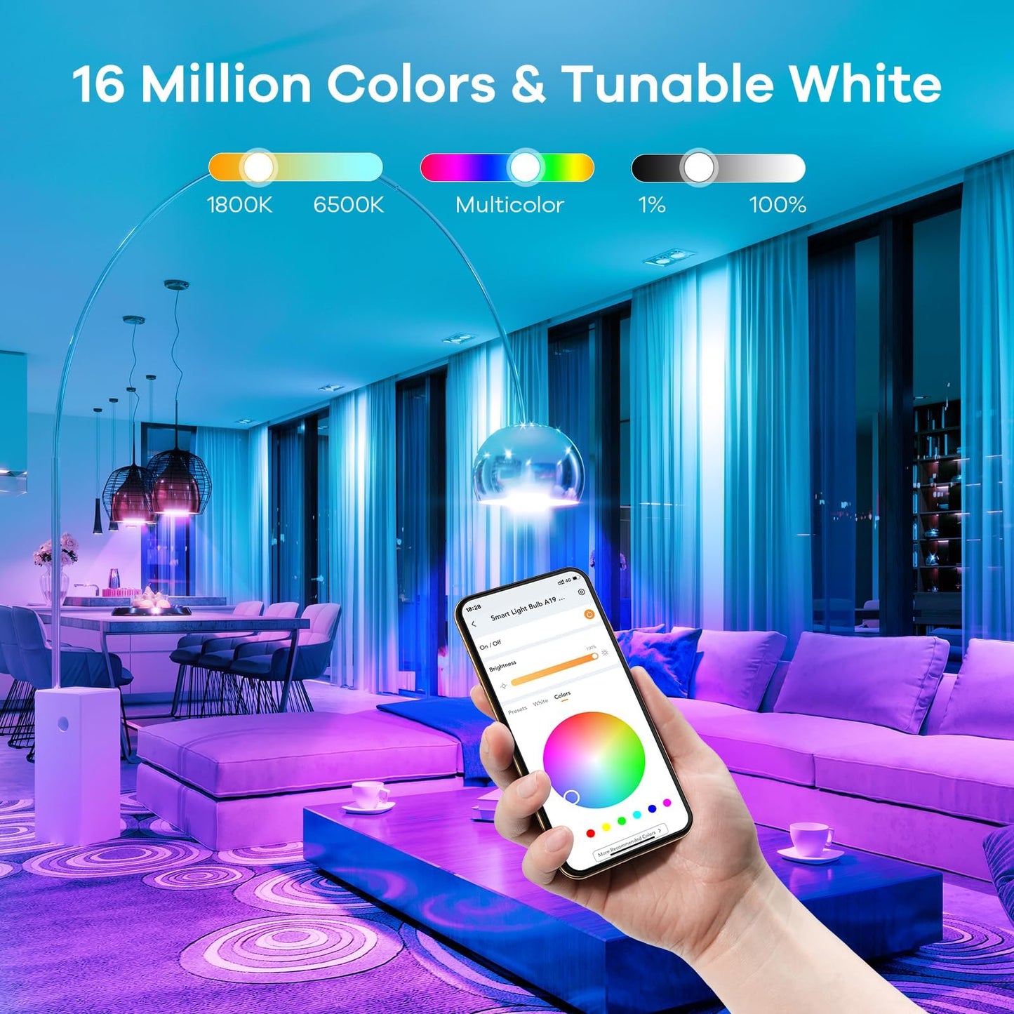 Linkind WiFi Smart Light Bulbs, Alexa Light Bulb Work with Alexa, Google Home, RGBTW 16 Million Color Changing Light Bulbs Dimmable, Mood Lighting, 2.4GHz Only, A19 E26 WiFi Bulb 60W 800LM 8 Pack