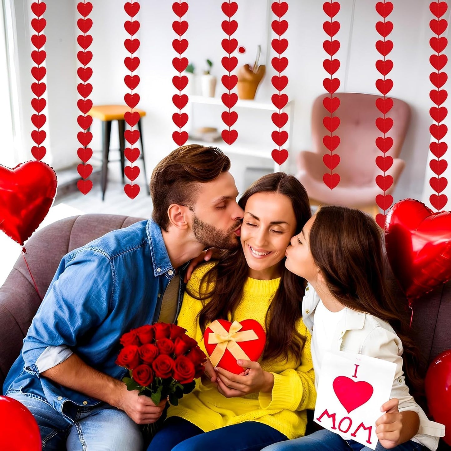 Valentines Day Decorations, 96 PCS Red Felt Heart Garland Hanging, Pre-Assembled Romantic Heart String Garland for Home, Wedding, Anniversary & Party Decor