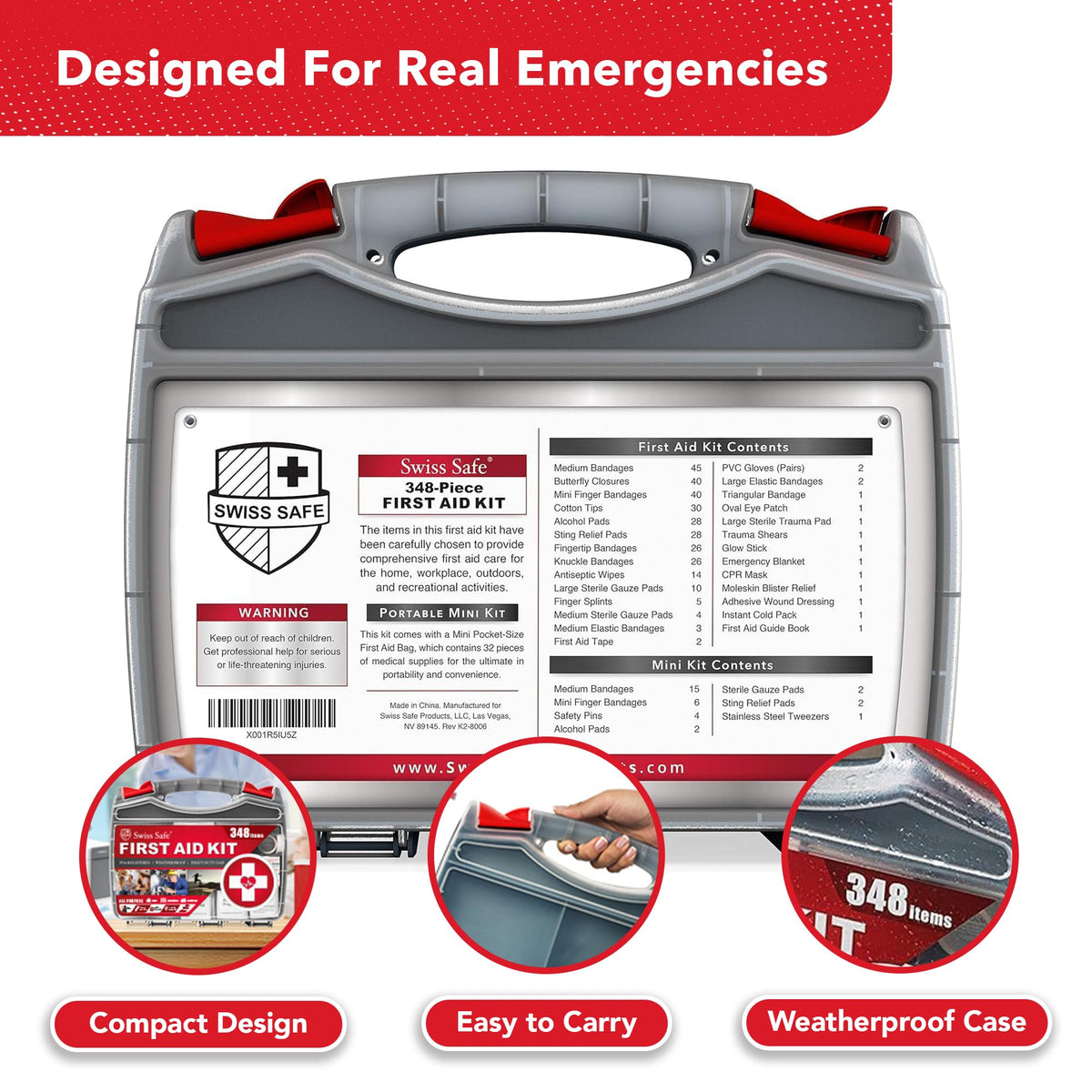 Swiss Safe 2-in-1 First Aid Kit for Car, Travel & Home, Businesses - Bonus Mini Kit for Medical Emergency Aid, Survival, Camping - FSA & HSA Eligible - 348 Pcs, Large Hardcase FAK
