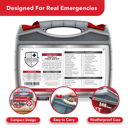 Swiss Safe 2-in-1 First Aid Kit for Car, Travel & Home, Businesses - Bonus Mini Kit for Medical Emergency Aid, Survival, Camping - FSA & HSA Eligible - 348 Pcs, Large Hardcase FAK