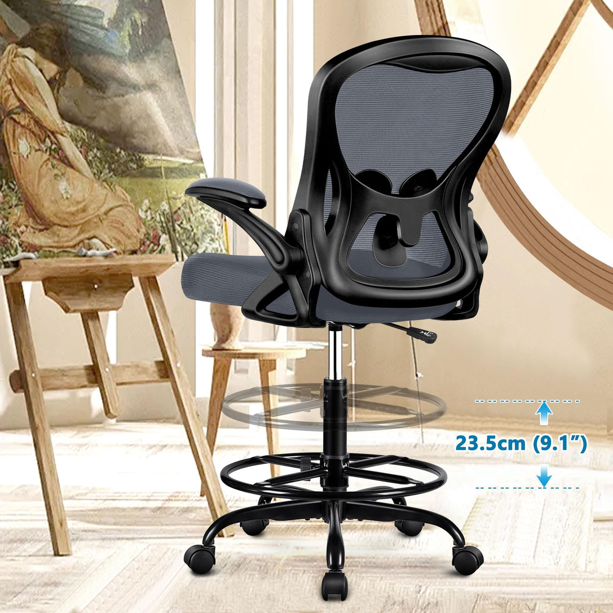 Winrise Drafting Chair, Tall Office Chair Ergonomic Standing Desk Chair, Lumbar Support Computer Chair Swivel Task Rolling Chair with Adjustable Flip-up Armrests & Foot Ring (Dark Gray)