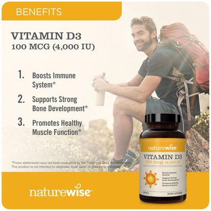 NatureWise Vitamin D3 4000iu (100 mcg) 200-Day Supply for Immune Support, Healthy Muscle Function, and Bone Health - Non-GMO, Gluten Free in Organic Extra Virgin Olive Oil, (Mini Softgel), 200 Count