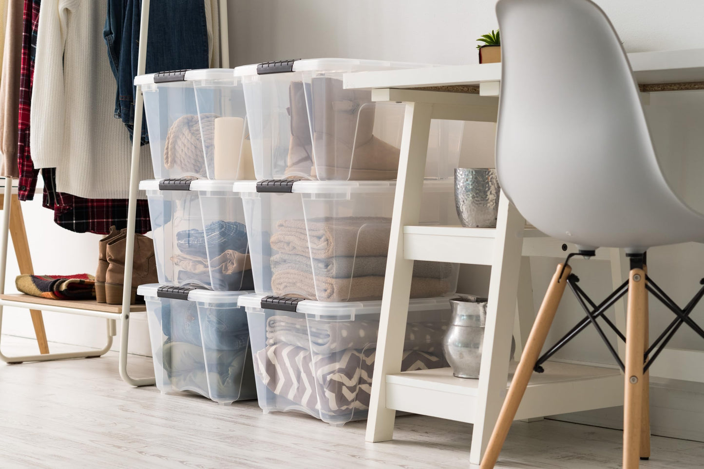IRIS USA 32 Qt Stackable Plastic Storage Bins with Lids, 6 Pack - BPA-Free, Made in USA - See-Through Organizing Solution, Latches, Durable Nestable Containers, Secure Pull Handle - Clear