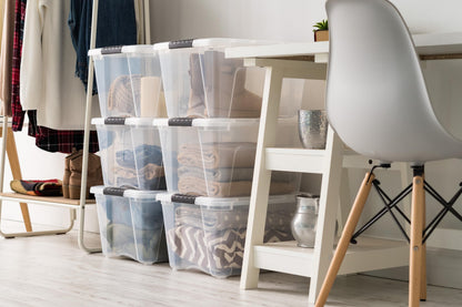 IRIS USA 32 Qt Stackable Plastic Storage Bins with Lids, 6 Pack - BPA-Free, Made in USA - See-Through Organizing Solution, Latches, Durable Nestable Containers, Secure Pull Handle - Clear