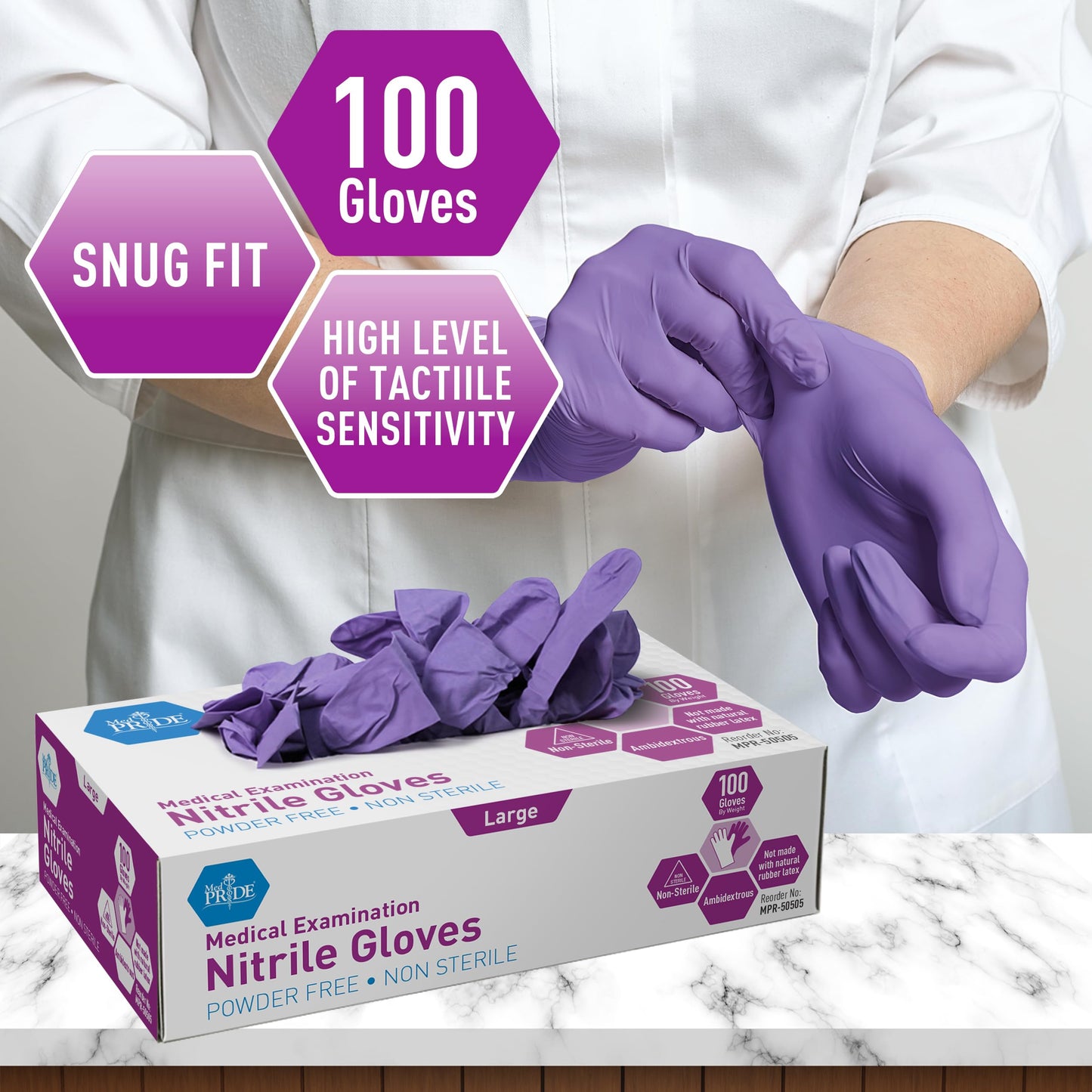 MedPride Powder-Free Nitrile Exam Gloves, Large, Large (Pack of 100)