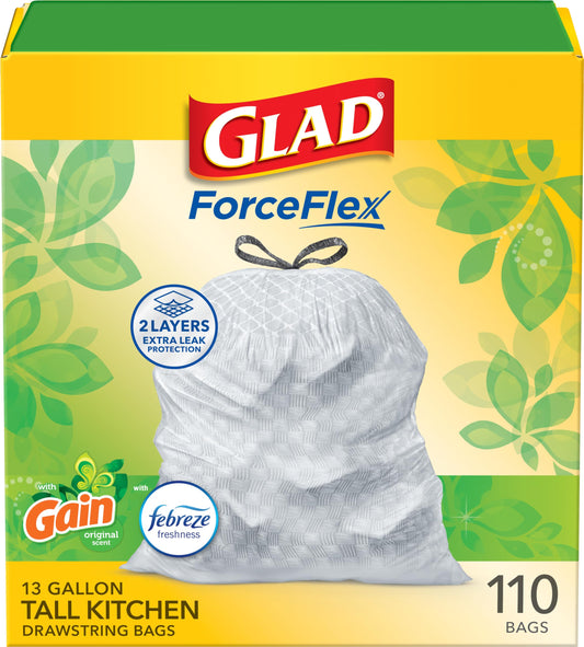 Glad ForceFlex Tall Kitchen Trash Bags, 13 Gal, Gain Original with Febreze, 110 Ct (Pack May Vary)
