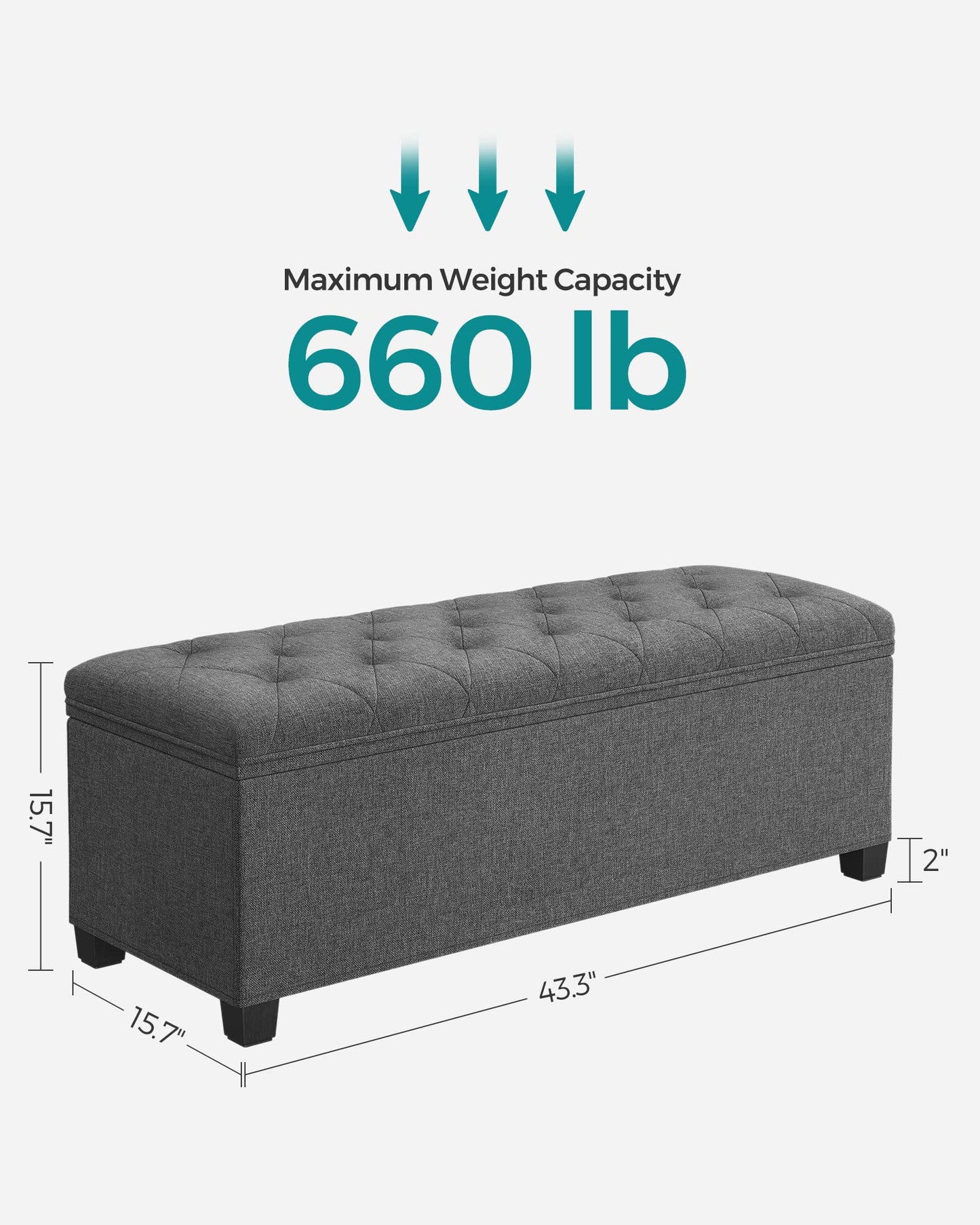 SONGMICS Storage Ottoman Bench, Foot Rest with Legs, 15.7 x 43.3 x 15.7 Inches, End of Bed Bench, Storage Chest, Load up to 660 lb, for Living Room, Bedroom, Entryway, Dark Gray ULSF088G01