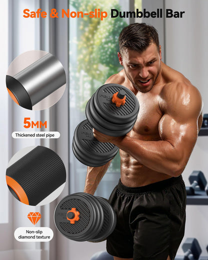 FEIERDUN Adjustable Dumbbells, 20lbs Free Weight Set with Connector, 4 in1 Dumbbells Set Used as Barbell, Kettlebells, Push up Stand, Fitness Exercises for Home Gym Suitable Men/Women