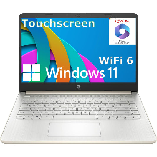 HP Touchscreen Laptop Computer for Home Student Study, 1-Year Office, 4GB DDR4 RAM, 64GB eMMC, Intel Processor, 14 inch, WiFi 6, Bluetooth, Windows 11 Home S, Pale Gold