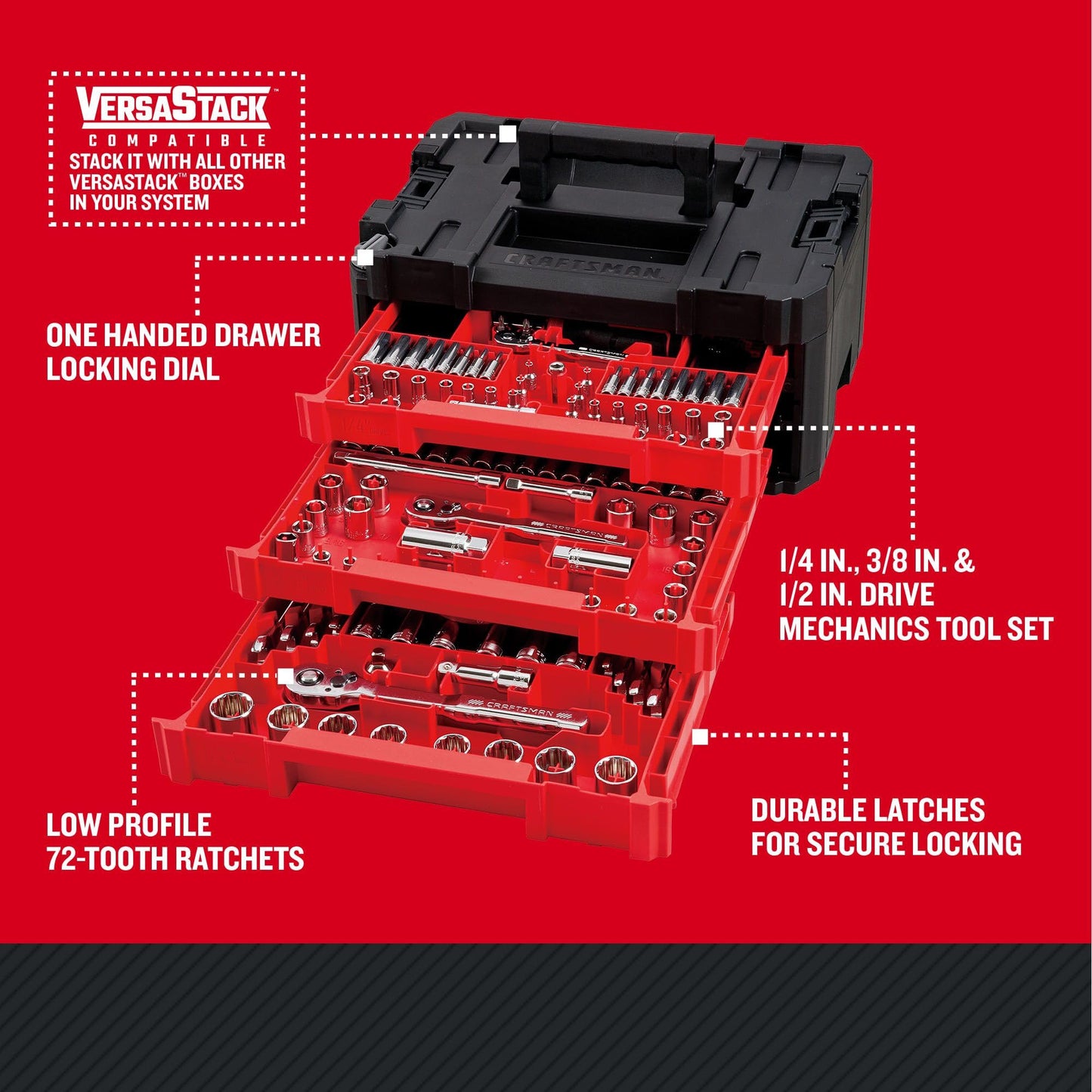 Craftsman 262-Piece Mechanic Tool Set with 3-Drawer VERSASTACK Box, SAE and Metric Socket Set, Car and Motorcycle Tool Kit with Combination Wrenches and Spark Plug Sockets (CMMT45309)