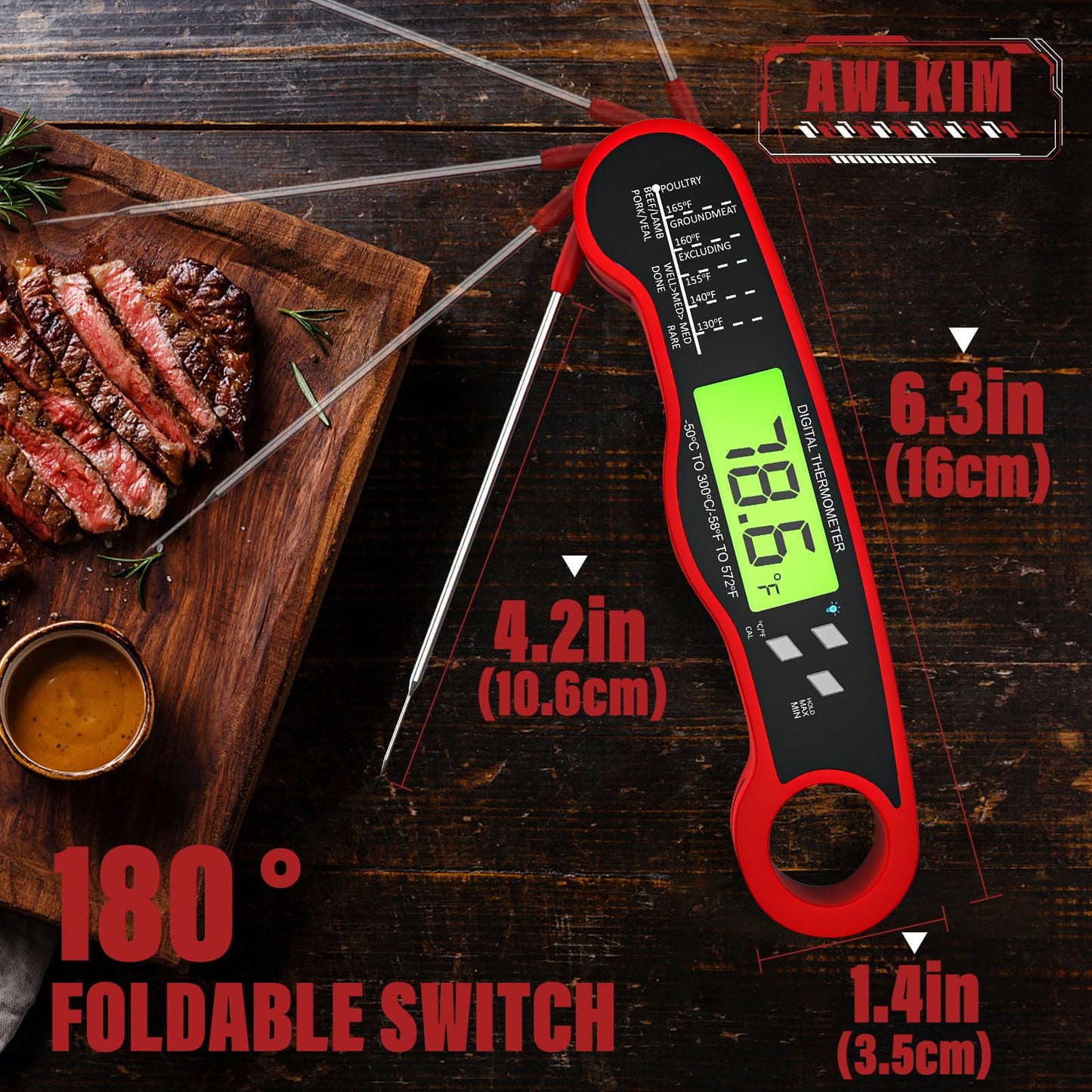 AWLKIM Meat Thermometer Digital - Instant Read Waterproof Food Thermometer with Backlight for Cooking, Grill, Candy, Kitchen & Stocking Stuffers for Men - Red
