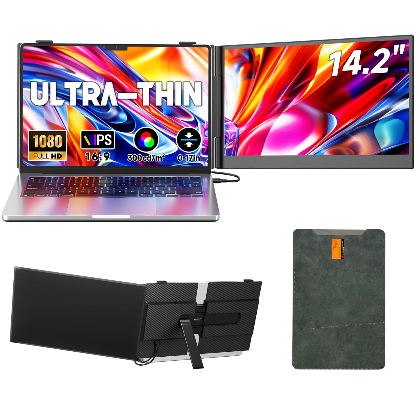 Laptop Screen Extender 0.17" Ultra-Thin, 14.2" FHD 1080P IPS Portable Monitor for Laptop, Dual Screen Travel Monitor Extender Suitable for 13"-17.3" Plug & Play for Windows/Mac/Android/Switch/PS-5