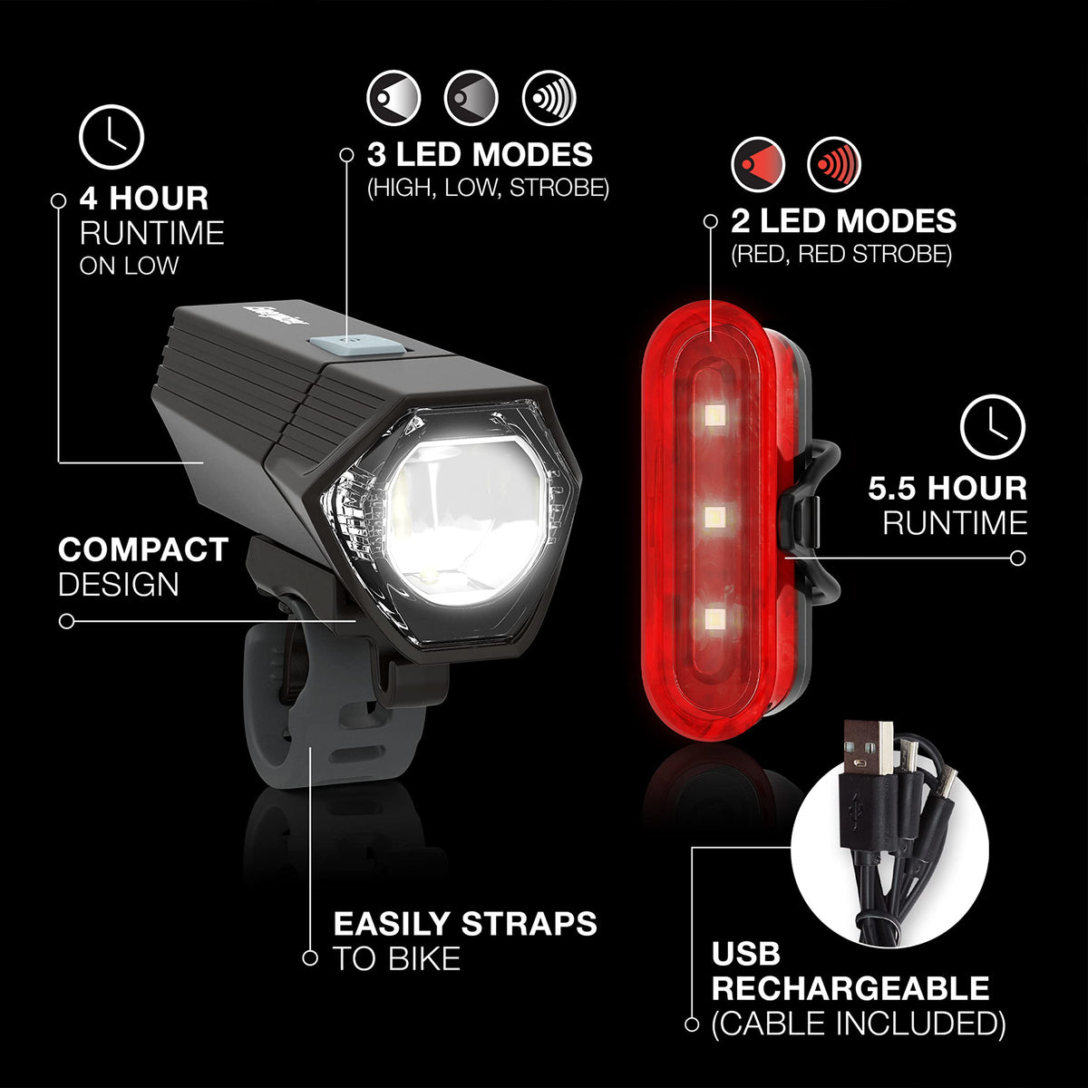 Energizer X400 Rechargeable Bike Light, IPX4 Water Resistant, Compact and Lightweight Design, Front Clip Light and Rear LED Light for Visibility Black
