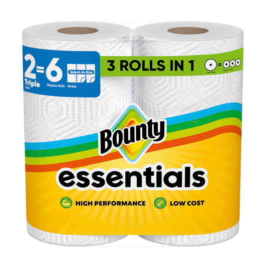 Bounty Essentials Select-A-Size Paper Towels, White, 2 Triple Rolls = 6 Regular Rolls (Packaging May Vary)