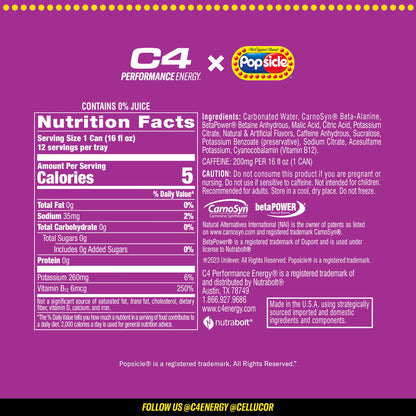 C4 Energy Drink x Grape Popsicle, Carbonated Sugar Free Pre Workout Performance Drink with no Artificial Colors or Dyes, 16 Oz, Pack of 12