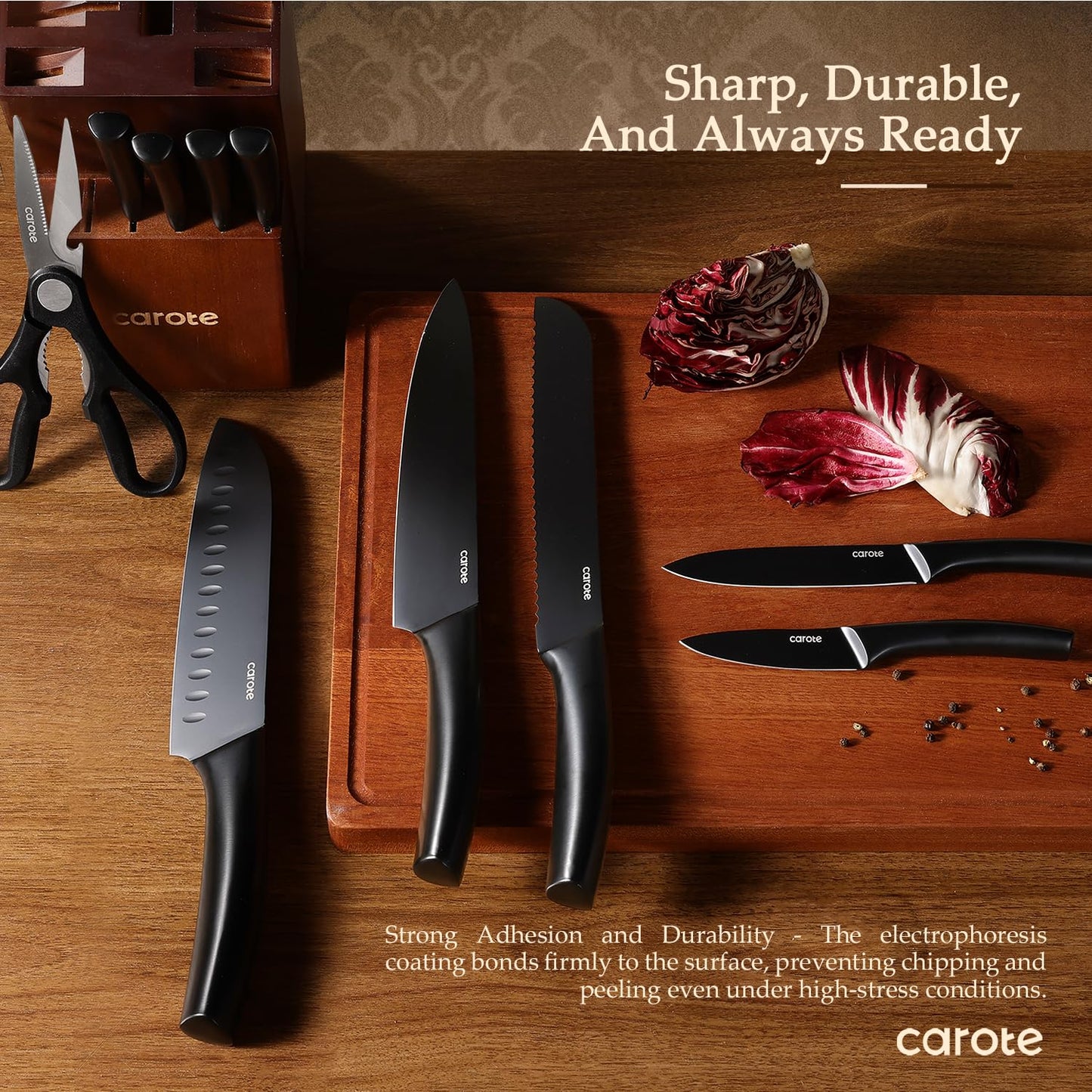 CAROTE 14Pcs Kitchen Knife Set, Dishwasher Safe knife set with Block and Sharpener, Stainless Steel Cutlery with Razor-Sharp Blades, 6 Steak Knives, Full-Black