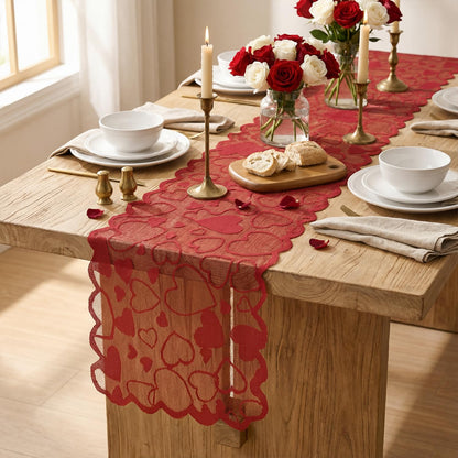 Artoid Mode Lace Jacquard Love Heart Valentine's Day Table Runner, Kitchen Dining Table Decoration for Home Party Decor 13x72 Inch