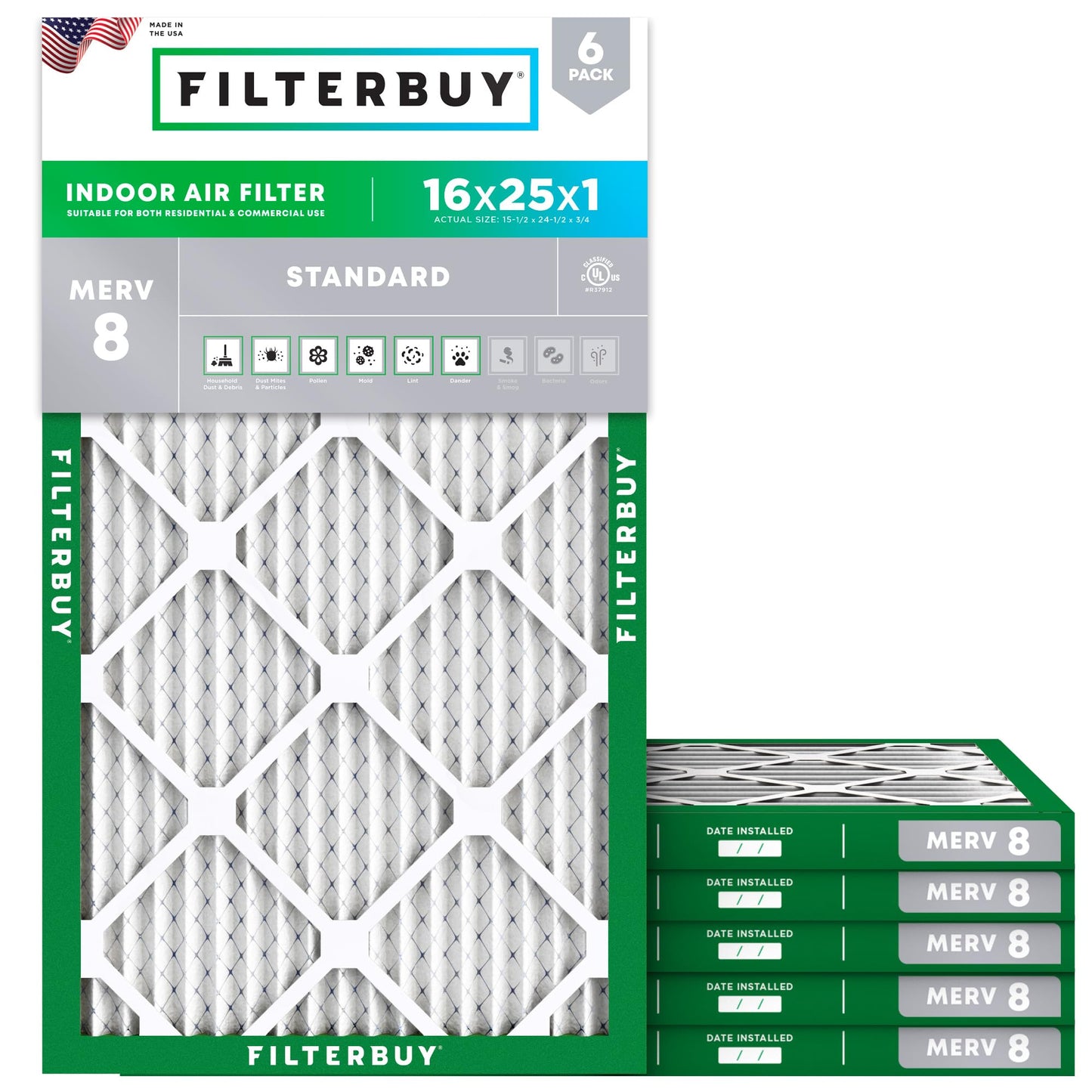 Filterbuy 16x25x1 Air Filter MERV 8 (MPR 700) Dust Defense Replacement (6-Pack), Electrostatic Pleated HVAC AC Furnace Filters, Made in USA (Actual Size: 15.50 x 24.50 x 0.75)