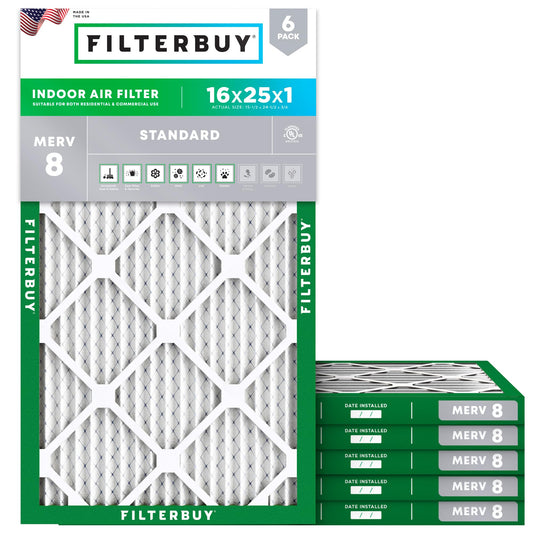 Filterbuy 16x25x1 Air Filter MERV 8 (MPR 700) Dust Defense Replacement (6-Pack), Electrostatic Pleated HVAC AC Furnace Filters, Made in USA (Actual Size: 15.50 x 24.50 x 0.75)