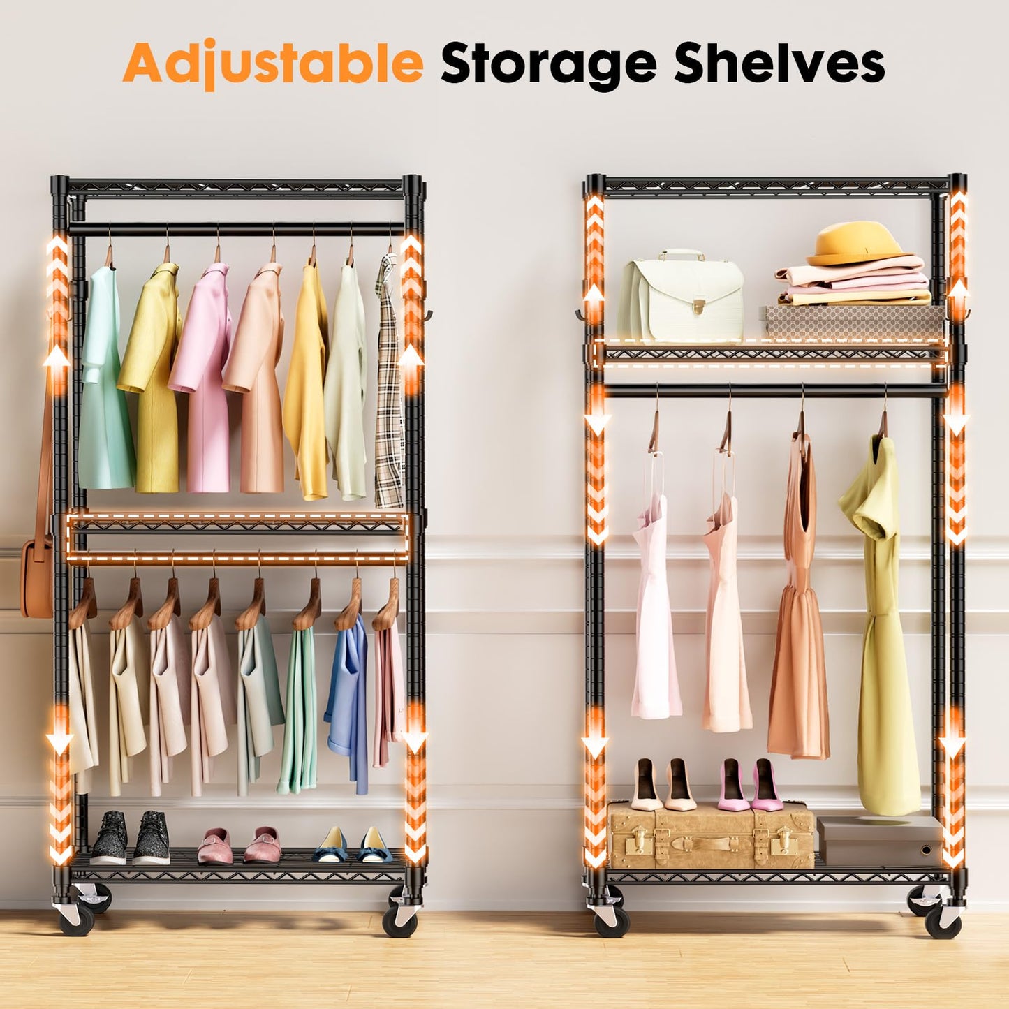 Sweetcrispy Medium Rolling Clothes Rack, Heavy Duty Garment Racks 3 Tiers Portable Adjustable Wire Shelves with Wheels, Hanging Rods, Hooks Freestanding Clothing Wardrobe Closet (15.7"Lx29.5"Wx75.5"H)