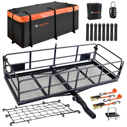 MeeFar High Rail Trailer Folding Hitch Mount Cargo Carrier Basket 60" X 24" X 14"+Waterproof Cargo Bag 20 cu ft(59" 24" 24"), Capacity of 500 Lbs with Hitch Stabilizer, Net, Lock and Straps