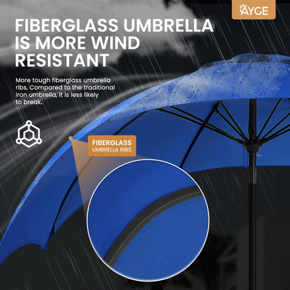 Ayge 9FT Large Outdoor Patio Umbrella Market Table Umbrella-UV Resistant, Easy Push Button Tilt and Crank, 8 Sturdy Fiberglass Ribs Heavy-Duty Pool Umbrella for Deck, Backyard,Garden, Yard,Blue