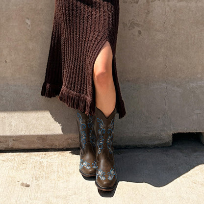 DREAM PAIRS Women's Cowboy Cowgirl Western Mid Calf Boots Square Toe Embroidered Stitched Pull On Country Boots with Low Chunky Heel,Size 9,Dark Brown,SDMB26002W