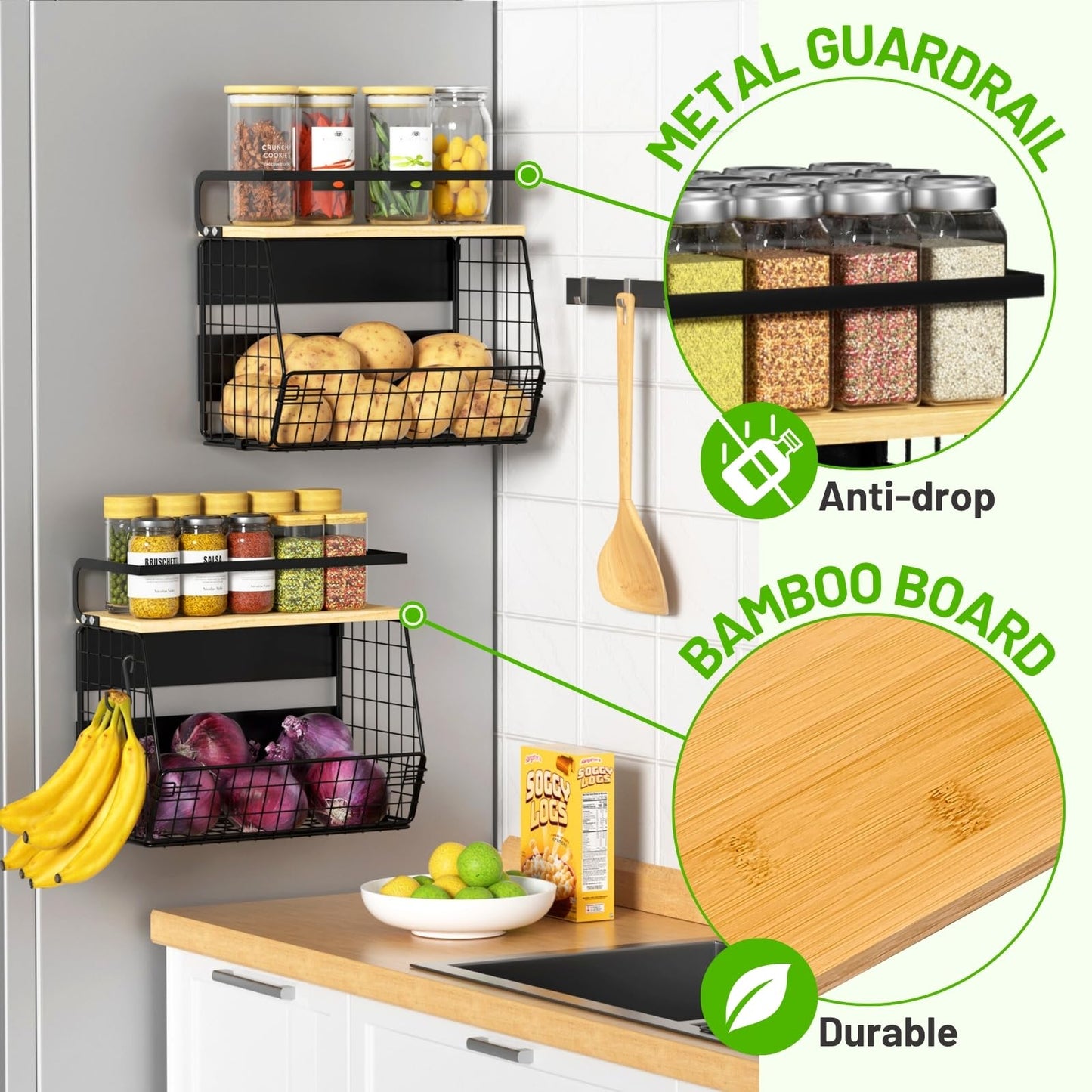 Magnetic Shelf for Fridge with Wood Lid, Fruit Potato and Onion Storage Bins, Pantry Organizers & Storage, Large Container Magnetic Spice Rack for Refrigerator, Kitchen Counter, Cabinet