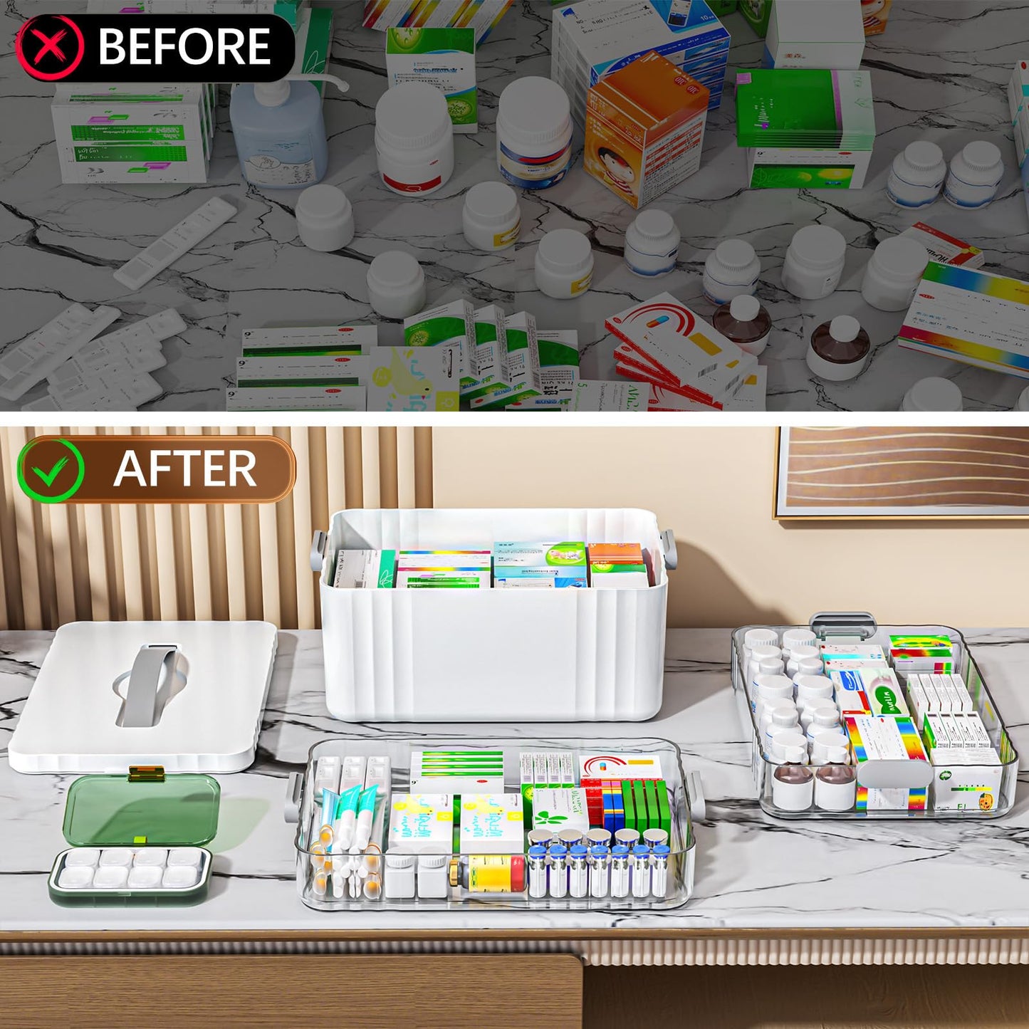 ARSTPEOE 3-Tier Medicine Organizer - Portable Medicine Cabinet with Plastic Handle, Multipurpose Medical Box with Pill Box, Empty First Aid Kit for Home