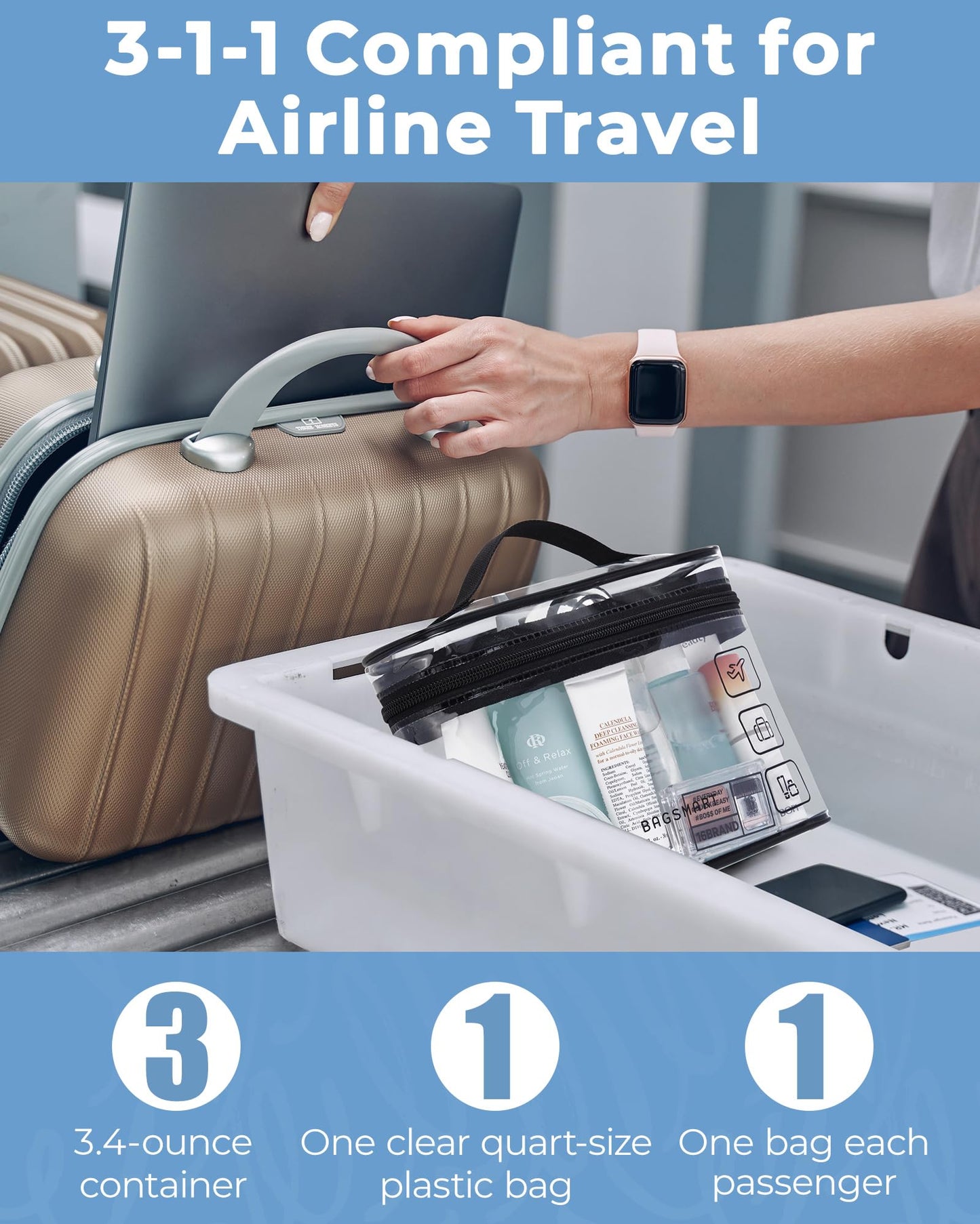 BAGSMART TSA Approved Toiletry Bag, 3 Pack Clear Makeup Cosmetic Bag Organizer, Quart Size Travel Bag for Toiletries, Carry-on Travel Accessories Essentials, Black-3pcs