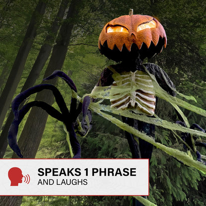 Haunted Hill Farm Pumpkin Sentinel by Tekky, Battery-Operated, Motion and Sound Activated Animatronic with Sound Effects and Lights for Indoor or Covered Outdoor Creepy Halloween Decoration